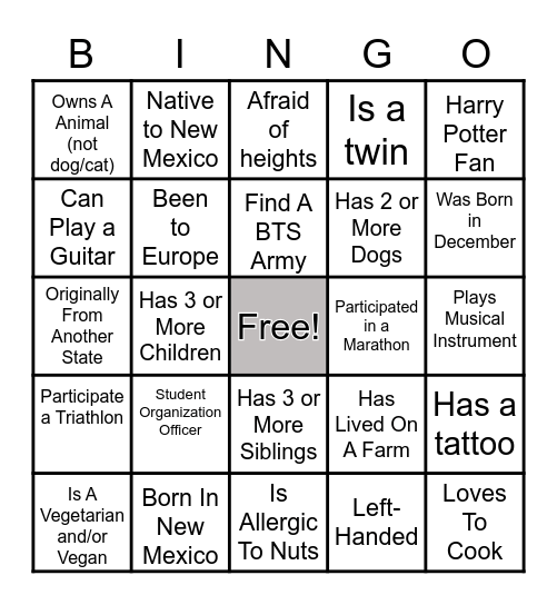 UTEP and Burrell Networking Bingo Card