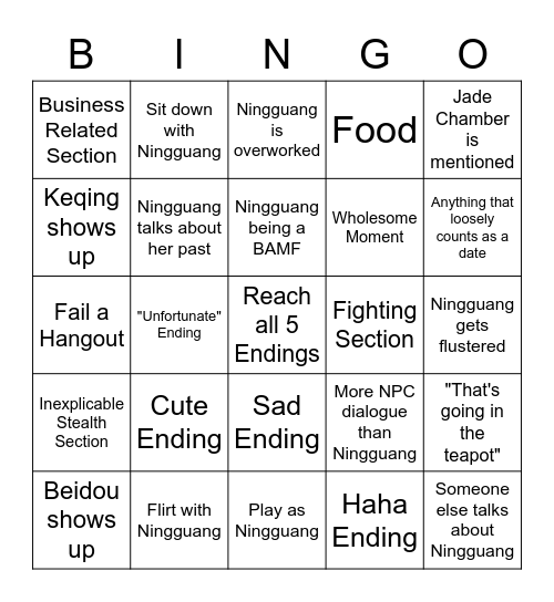 Ningguang Hangout Event Bingo Card