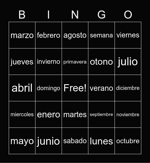 Calendar Bingo Card