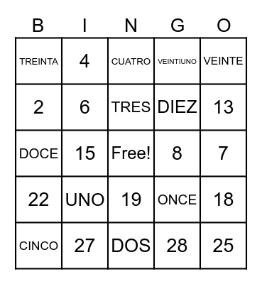 BINGO SPAN 101 Bingo Card