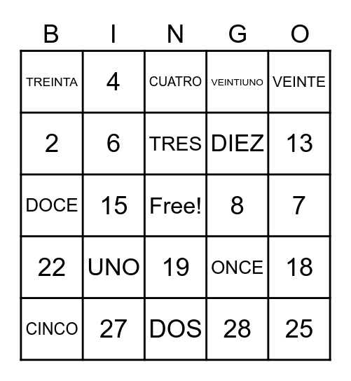 BINGO SPAN 101 Bingo Card