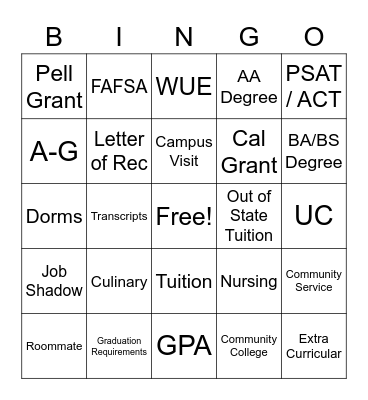 College Bingo Terms! Bingo Card