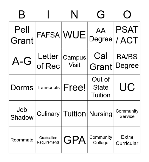 College Bingo Terms! Bingo Card