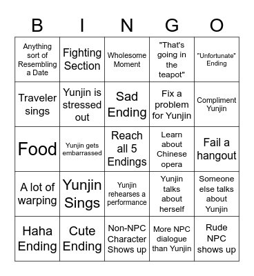 Yunjin Hangout Event Bingo Card