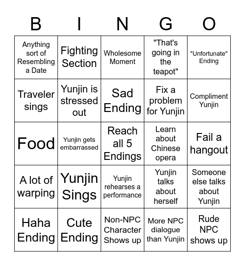 Yunjin Hangout Event Bingo Card