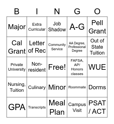 College Bingo Terms! Bingo Card