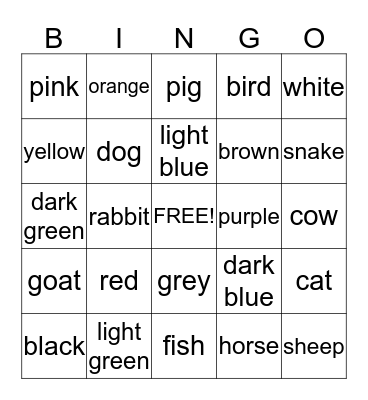 colours and animals Bingo Card