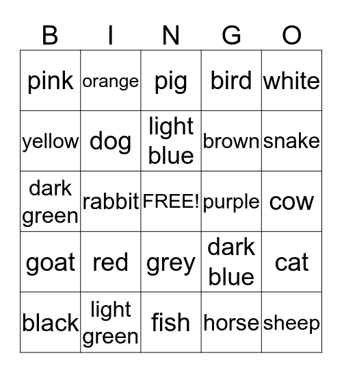 colours and animals Bingo Card