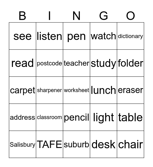 Learning English Bingo Card