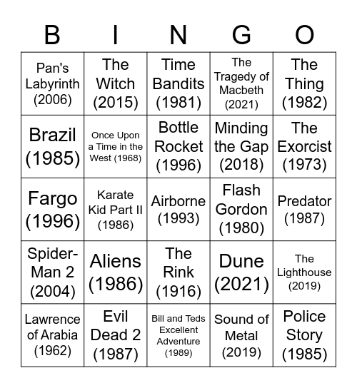 Weston's movies Bingo Card