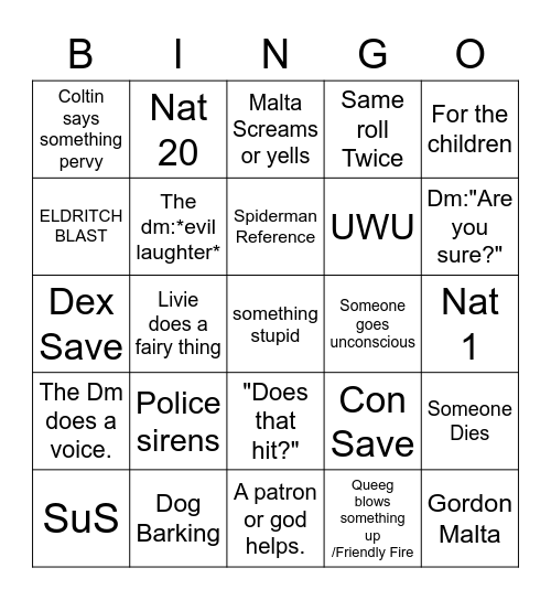 Monday Game Bingo Card