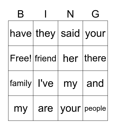 Tricky Words Bingo Card