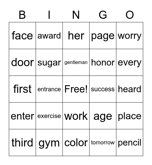 SPIRE Level 5 Word Drill Bingo Card