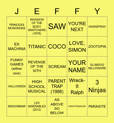 MOVIES A LA JEFF Bingo Card