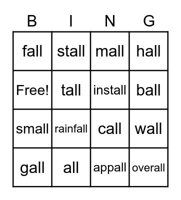 All-Word Families Bingo Card