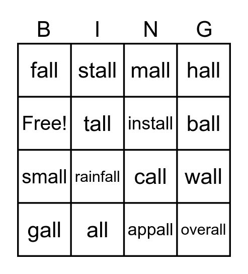 All-Word Families Bingo Card