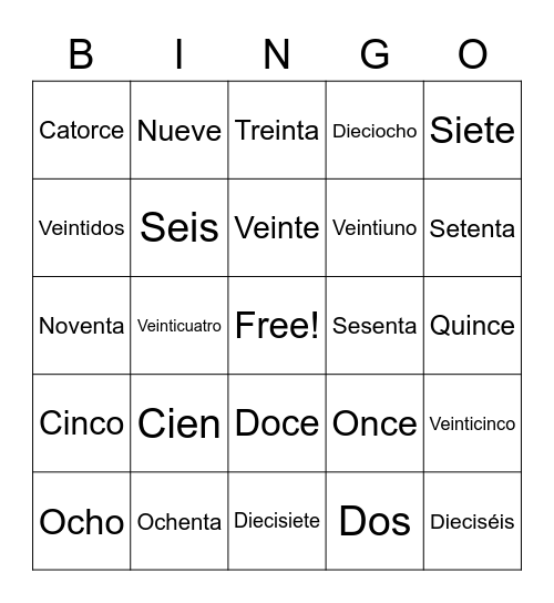 Los Números Bingo Card