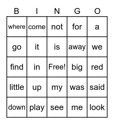 Sight Words Bingo Card
