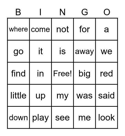 Sight Words Bingo Card