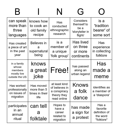 Folklore and/of Migration Bingo Card