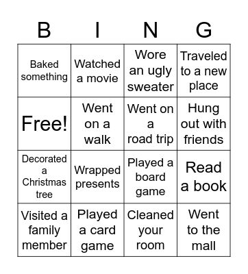 Winter Break Bingo Card