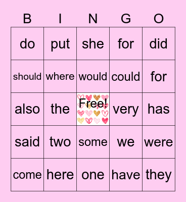 SIght words Bingo Card