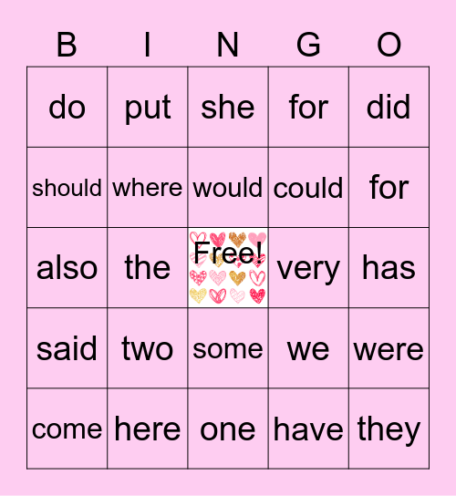 SIght words Bingo Card