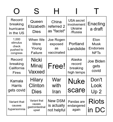 2022 Apocolypse Bingo Card
