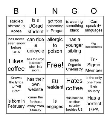 Personality Bingo!!! Find someone who... Bingo Card