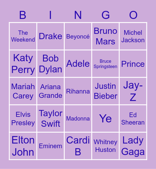 Music Artist Bingo Card