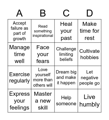 Self-Esteem Bingo Card