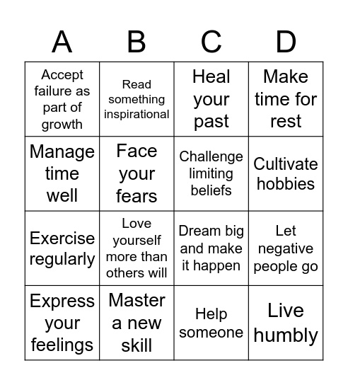 Self-Esteem Bingo Card