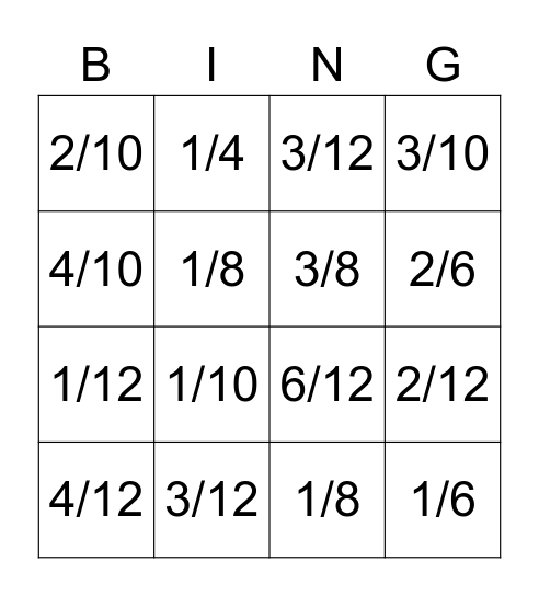 Multiply Fraction Bingo Card