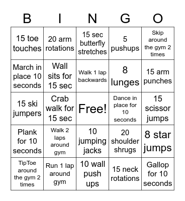 Fitness Bingo Card