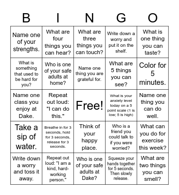 Coping Skills Bingo Card