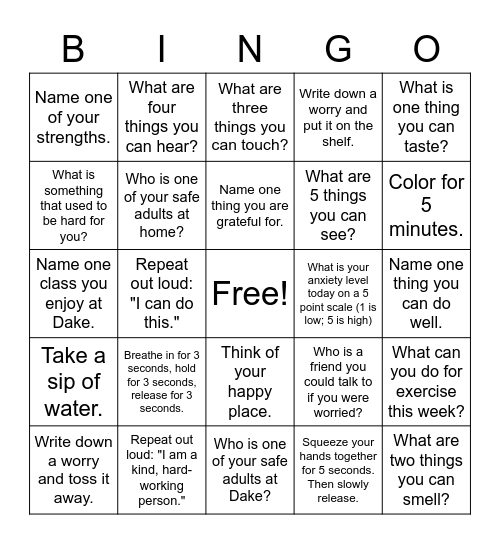 Coping Skills Bingo Card