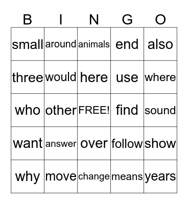 List A Bingo Card