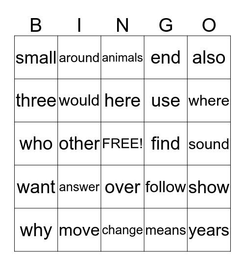 List A Bingo Card