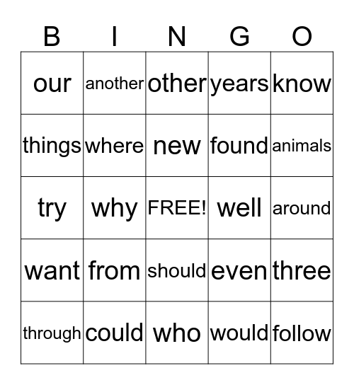 List A Bingo Card