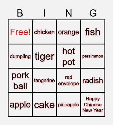 Chinese New Year's Eve Dishes Bingo Card