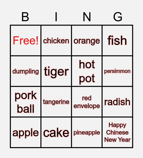 Chinese New Year's Eve Dishes Bingo Card