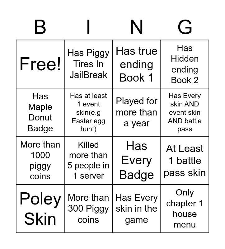 Roblox Piggy build mode Bingo Card