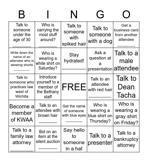 KWAA Conference Bingo Card