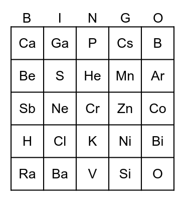 Periodic Table Bingo Card