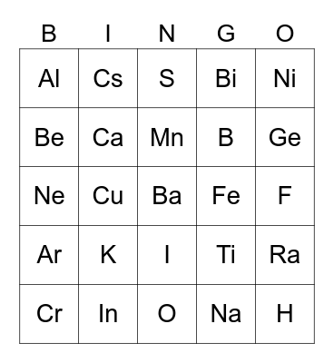 Periodic Table Bingo Card