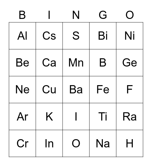 Periodic Table Bingo Card