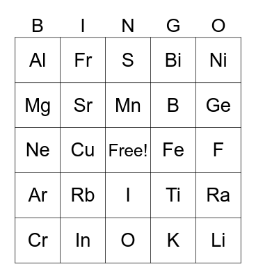 Periodic Table Bingo Card