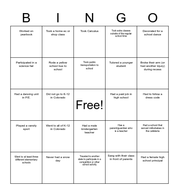 K-12 Educational Experience Bingo Card