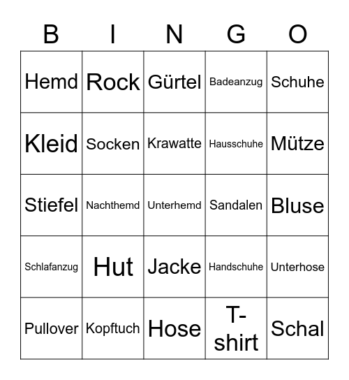 Klamotten Bingo Card