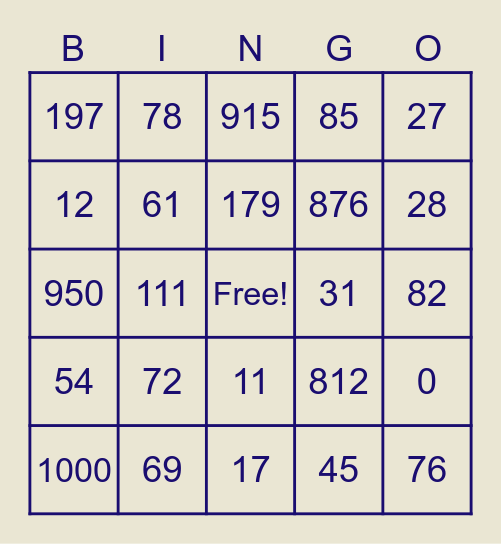 Zahlen bis 1000 Bingo Card